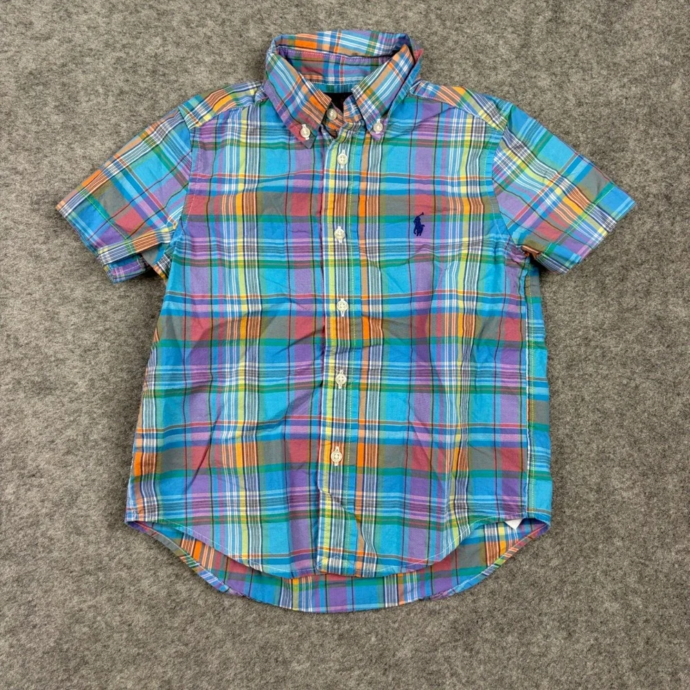 Ralph Lauren Button Down Shirt Boys Size 4 Multicolor Plaid Short Sleeve Cotton
